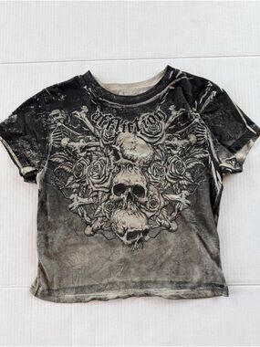 Affliction Black & Gray Skull Rose Graphic Crop Tee